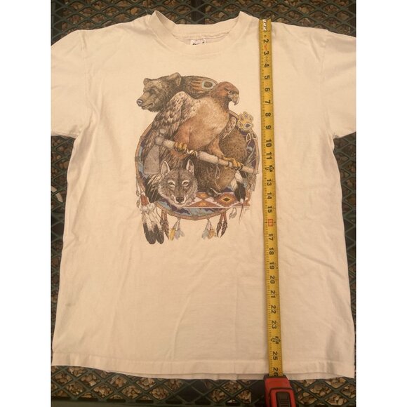 Vintage 90s Anvil single stitch white Native American Tribal Wolves tshirt L - Picture 6 of 10